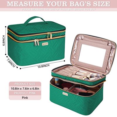 BAFAMYE 8.8L Double Layer Travel Makeup Bag With Mirror For Women, Large Cosmetic Case, Organizer for Travel-Size Accessories Bottles, Brushes,and Skin Care Products, 2.33 GAL, Green