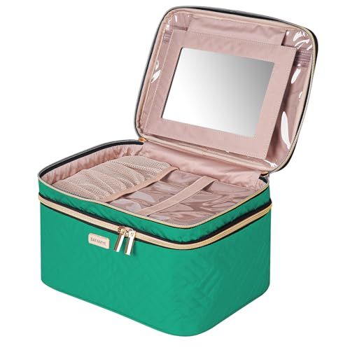 BAFAMYE 8.8L Double Layer Travel Makeup Bag With Mirror For Women, Large Cosmetic Case, Organizer for Travel-Size Accessories Bottles, Brushes,and Skin Care Products, 2.33 GAL, Green