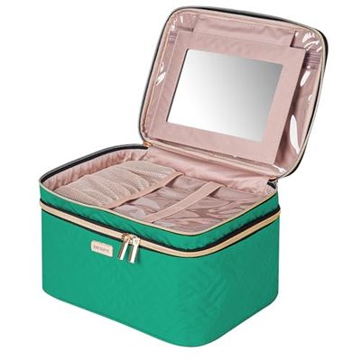 BAFAMYE 8.8L Double Layer Travel Makeup Bag With Mirror For Women, Large Cosmetic Case, Organizer for Travel-Size Accessories Bottles, Brushes,and Skin Care Products, 2.33 GAL, Green