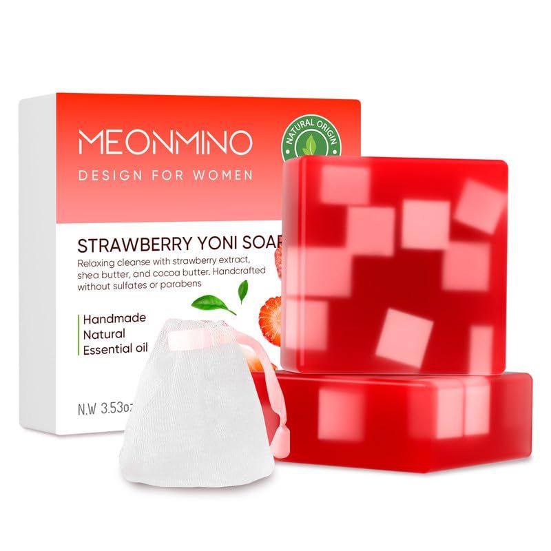 2 Pcs Yoni Soap Bars for Women, 100% Natural Feminine Wash Organic Strawberry Yoni Bar Soap Ph Balance Yoni Wash Moisturizing Eliminates Odor Yoni Care Soap with Foaming Net, Yoni Soap 3.53oz