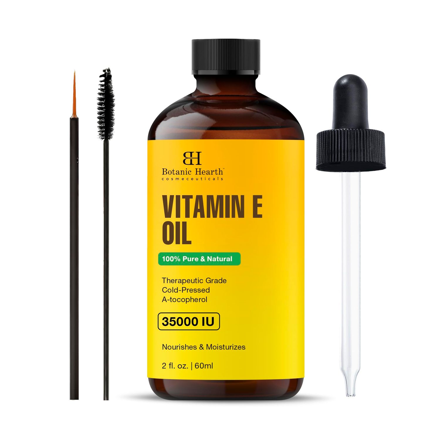 Botanic Hearth Vitamin E Oil | 100% Pure and Natural oil for Growth of Nails, Hair, Eyebrows &amp; Eyelashes | 35,000 IU | Hair &amp; Body Oil with Eyebrow &amp; Eyelash Brush| 2 Fl Oz