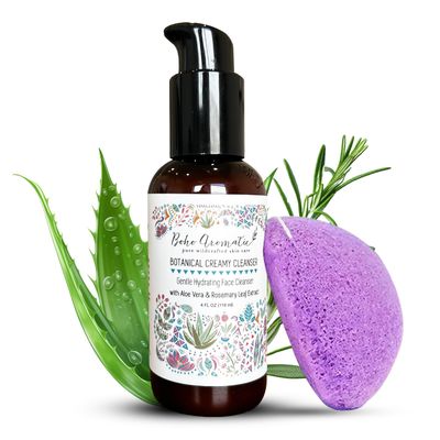 Boho Aromatic Botanical Cream Face Cleanser and Konjac Sponge, Gentle Non-Foaming Face Wash, Anti Aging Facial Cleanser, Natural &amp; Organic, Daily Facial Cleanser, Facial Care Products