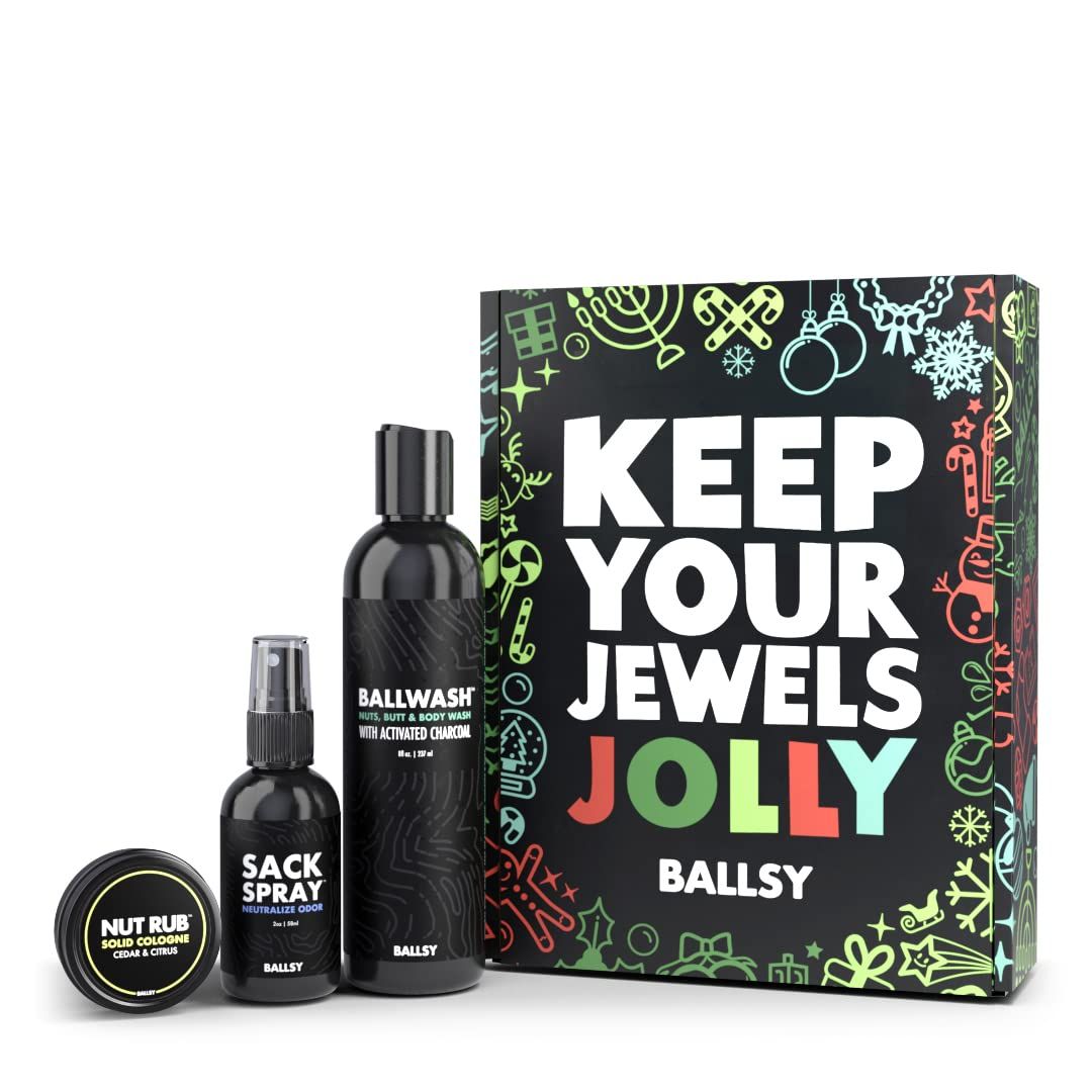 Ballsy Gift Set For Men, Jolly Jewels Pack, Includes Body Wash, Deodorizing Spray, and Cologne Rub, Men Hygiene Products, Mens Body Care, Ball Wash For Men Christmas Gift pack, Citrus &amp; Cedar