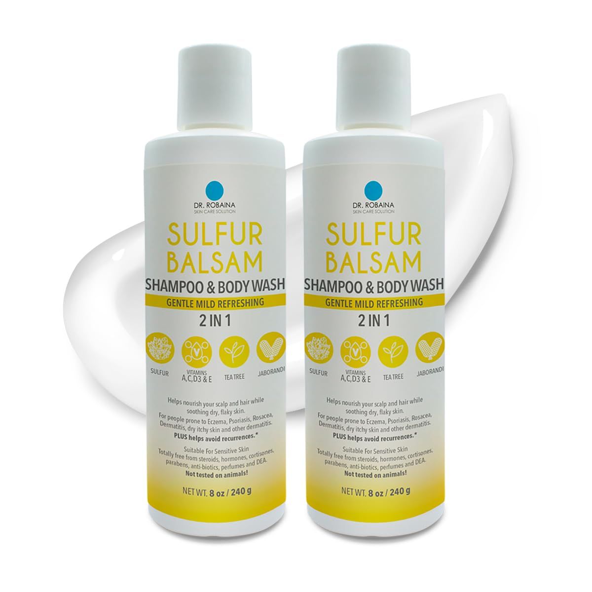 Dr. Robaina Sulfur Balsam Shampoo &amp; Body Wash - Gentle 2-in-1 Cleanser for Seborrheic Dermatitis and Psoriasis Relief - Moisturizes Dry, Itchy Scalp and Skin - Made in the USA (Pack of 2)