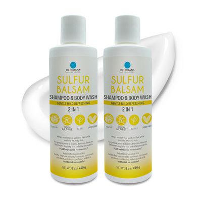 Dr. Robaina Sulfur Balsam Shampoo &amp; Body Wash - Gentle 2-in-1 Cleanser for Seborrheic Dermatitis and Psoriasis Relief - Moisturizes Dry, Itchy Scalp and Skin - Made in the USA (Pack of 2)