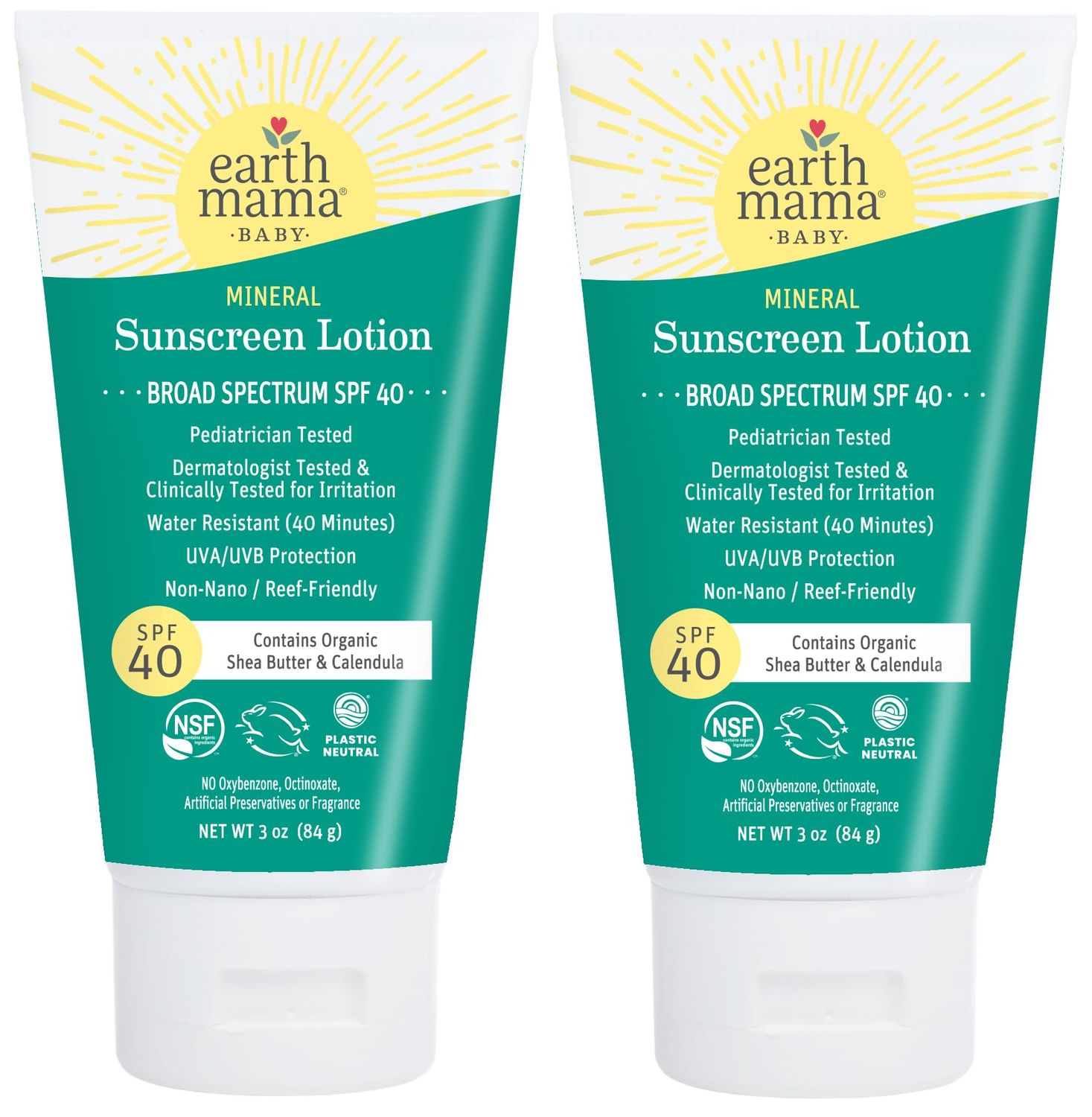 Earth Mama Baby Mineral Sunscreen Lotion SPF 40 | Reef Safe, Non-Nano Zinc, Natural Water Resistant Sun Cream for Babies, Kids &amp; Adults, 3-Ounce (2-Pack)