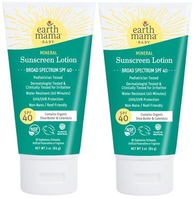 Earth Mama Baby Mineral Sunscreen Lotion SPF 40 | Reef Safe, Non-Nano Zinc, Natural Water Resistant Sun Cream for Babies, Kids &amp; Adults, 3-Ounce (2-Pack)