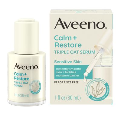 Aveeno Calm + Restore Triple Oat Hydrating Face Serum for Sensitive Skin, Gentle, Lightweight Facial Serum Instantly Smooths Skin, Fast-Absorbing, Hypoallergenic &amp; Fragrance-Free, 1 fl. oz