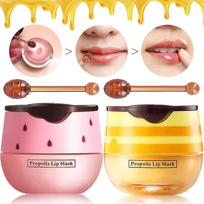 2 Pack Bee Lip Balm Honey Pot, Honey &amp; Strawberry Lip Mask Propolis Lip Mask Moisturizing Hydrating Prevention Dry and Cracked Lip Scrubs Exfoliator (Honey+Strawberry)