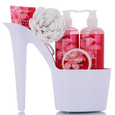 Bath and Body Gift Set - 6 Pcs Cherry Blossom Scented Luxury Heel Shoe Spa Gift Basket for Women w/ Body Lotion &amp; Butter, Shower Gel, Bubble Bath, Puff - #1 Christmas Gifts for Women by Draizee
