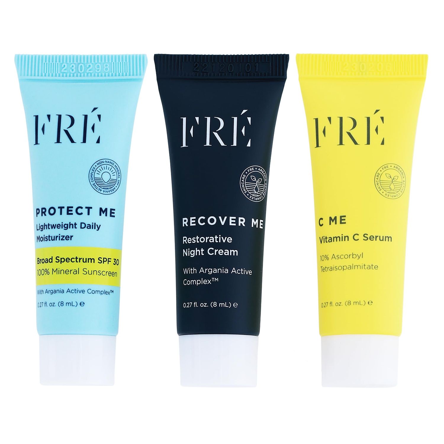 FRE DELUXE Mini Must Haves Skin Care Set with C ME, PROTECT ME &amp; RECOVER ME- Anti Aging Vitamin C Brightening Serum, Face Moisturizer SPF 30 Travel Size Mineral Sunscreen &amp; Restorative Night Cream