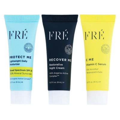 FRE DELUXE Mini Must Haves Skin Care Set with C ME, PROTECT ME &amp; RECOVER ME- Anti Aging Vitamin C Brightening Serum, Face Moisturizer SPF 30 Travel Size Mineral Sunscreen &amp; Restorative Night Cream