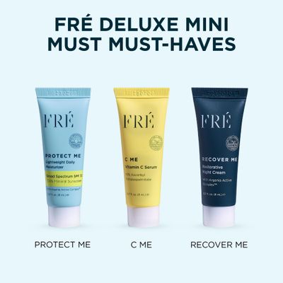 FRE DELUXE Mini Must Haves Skin Care Set with C ME, PROTECT ME &amp; RECOVER ME- Anti Aging Vitamin C Brightening Serum, Face Moisturizer SPF 30 Travel Size Mineral Sunscreen &amp; Restorative Night Cream