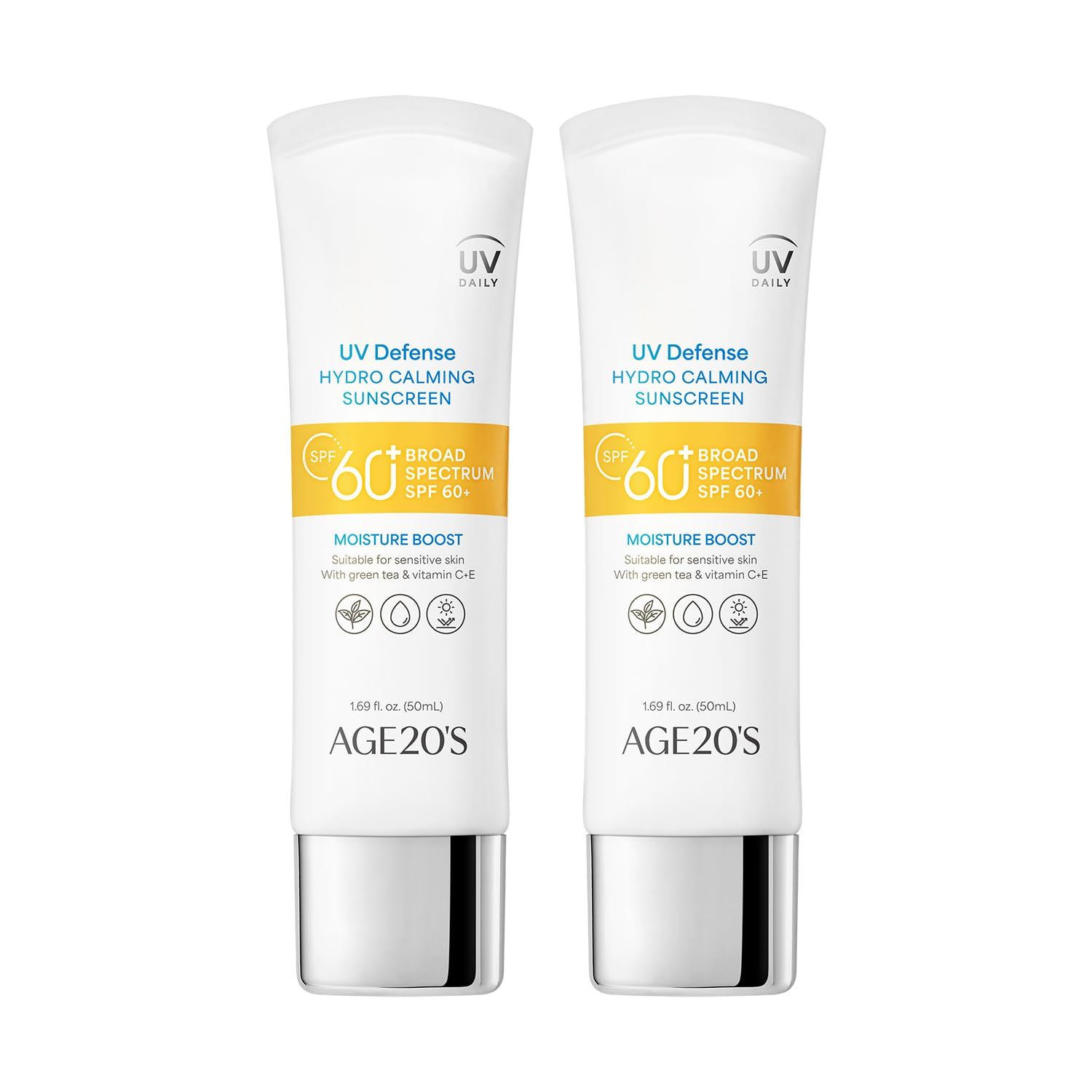 AGE20&#39;S UV Defense Hydro Calming Sunscreen SPF 60+ | Korean Sunscreen | Moisturizing Creamy Formula, No White Cast, Lightweight Finish | Green Tea + Aloe Vera | Dermatest Excellent | 1.69 fl.oz*2