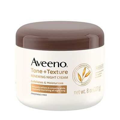 Aveeno Tone + Texture Renewing Body Night Cream With Prebiotic Oat, Gently Exfoliates &amp; Moisturizes Sensitive Skin, Instantly Softens &amp; Smooths &amp; Intensely Nourishes, Fragrance-Free, 8 oz