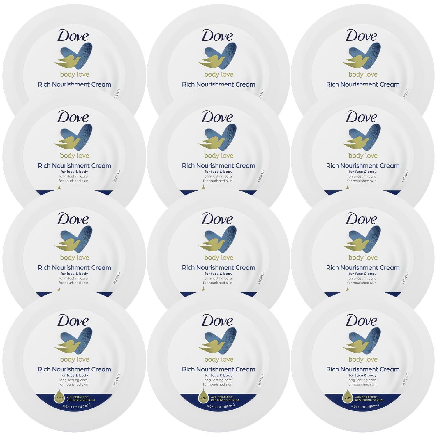 Dove Body Love Rich Nourishment Cream, Face, Hand &amp; Body Lotion for Extremely Dry Skin, Fast-Absorbing 72-Hour Moisturizing Cream with Ceramide Serum, 5.07 Fl Oz (Pack of 12)