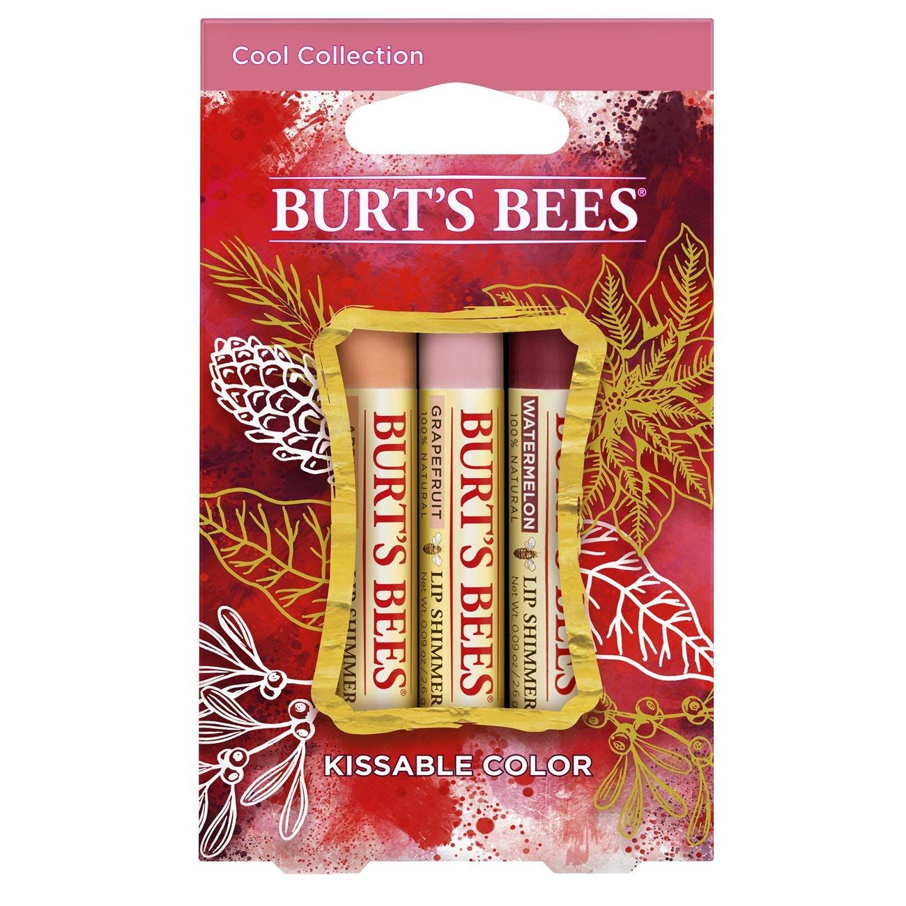 Burt&#39;s Bees Kissable Color Holiday Gift Set, 3 Lip Shimmers in Gift Box - Cool Collection in Watermelon, Apricot and Grapefruit