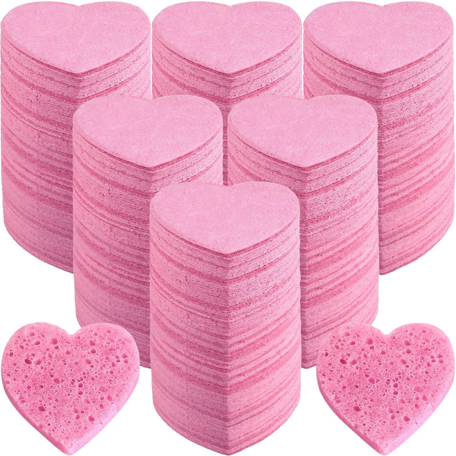 Dandat 300 Count Compressed Facial Sponges Heart Shape Face Sponges for Cleansing Natural Facial Cleansing Sponges Pads Exfoliating Sponges for Cleansing (Pink)