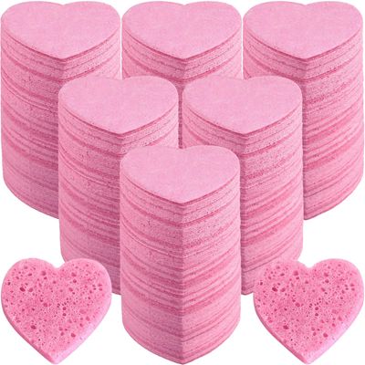Dandat 300 Count Compressed Facial Sponges Heart Shape Face Sponges for Cleansing Natural Facial Cleansing Sponges Pads Exfoliating Sponges for Cleansing (Pink)