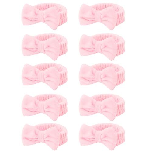 10 Pcs Pink Makeup Headbands, Hair Band for Washing Face, Soft Coral Fleece Makeup Headband for Girls, Bow Hair Bands, Beauty Headbands for Face Washing Shower Skin Care Yoga