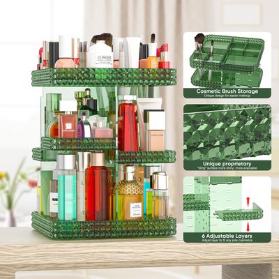 Famitree 360 Rotating Makeup Organizer, Acrylic DIY Adjustable Bathroom Makeup Carousel Spinning Holder Rack, Large Capacity Cosmetics Storage Box Vanity Countertop, Skin-care Organizers (Green)