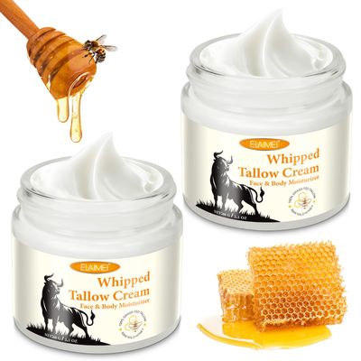2PC Beef Tallow for Skin, Moisturizer Cream for Skin Care, Tallow and Honey Balm, Nourishing and Hydrating Skin, Natural Lotion Whipped Grass Fed Beef Tallow Cream for Face &amp; Body Sensitive, Cracked