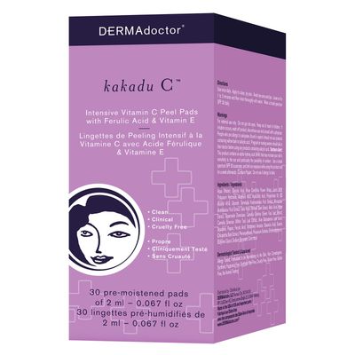 DERMAdoctor Kakadu C Dermatologist Formulated Vitamin C Face Peel Pad with AHA &amp; BHA, Exfoliating Pads, Chemical Peel for Face At Home, Brighten, Tighten and Resurface - 30 count