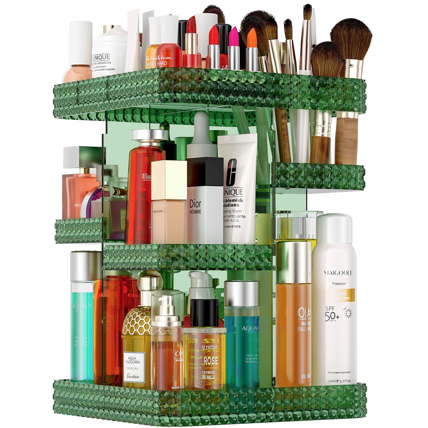 Famitree 360 Rotating Makeup Organizer, Acrylic DIY Adjustable Bathroom Makeup Carousel Spinning Holder Rack, Large Capacity Cosmetics Storage Box Vanity Countertop, Skin-care Organizers (Green)
