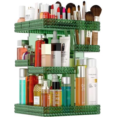 Famitree 360 Rotating Makeup Organizer, Acrylic DIY Adjustable Bathroom Makeup Carousel Spinning Holder Rack, Large Capacity Cosmetics Storage Box Vanity Countertop, Skin-care Organizers (Green)
