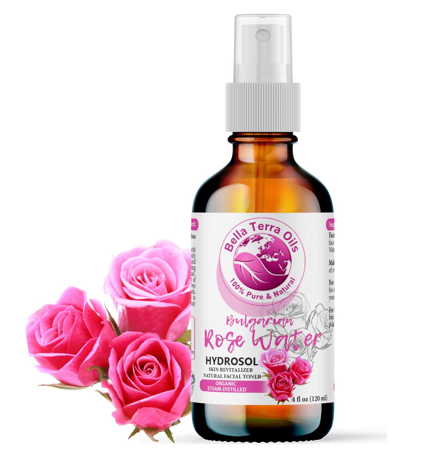 Bella Terra Oils - Organic Rose Water Spray 4oz - Dive into The Elixir of Rose Hydrosol, Gentle on Skin, Luxurious Rosewater Toner Face Experience