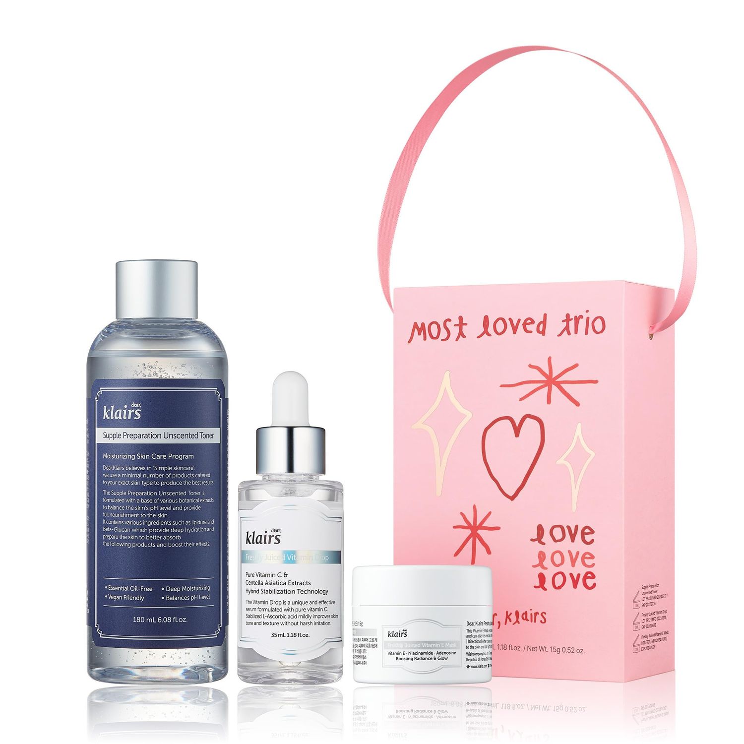 DearKlairs Most Loved Skincare Set - Unscented Toner, Vitamin Serum &amp; E Mask | Korean Glass Skin Routine | Sensitive Skin-Friendly Valentine&#39;s Galentines Holiday Gift | Hydrating, Revitalizing