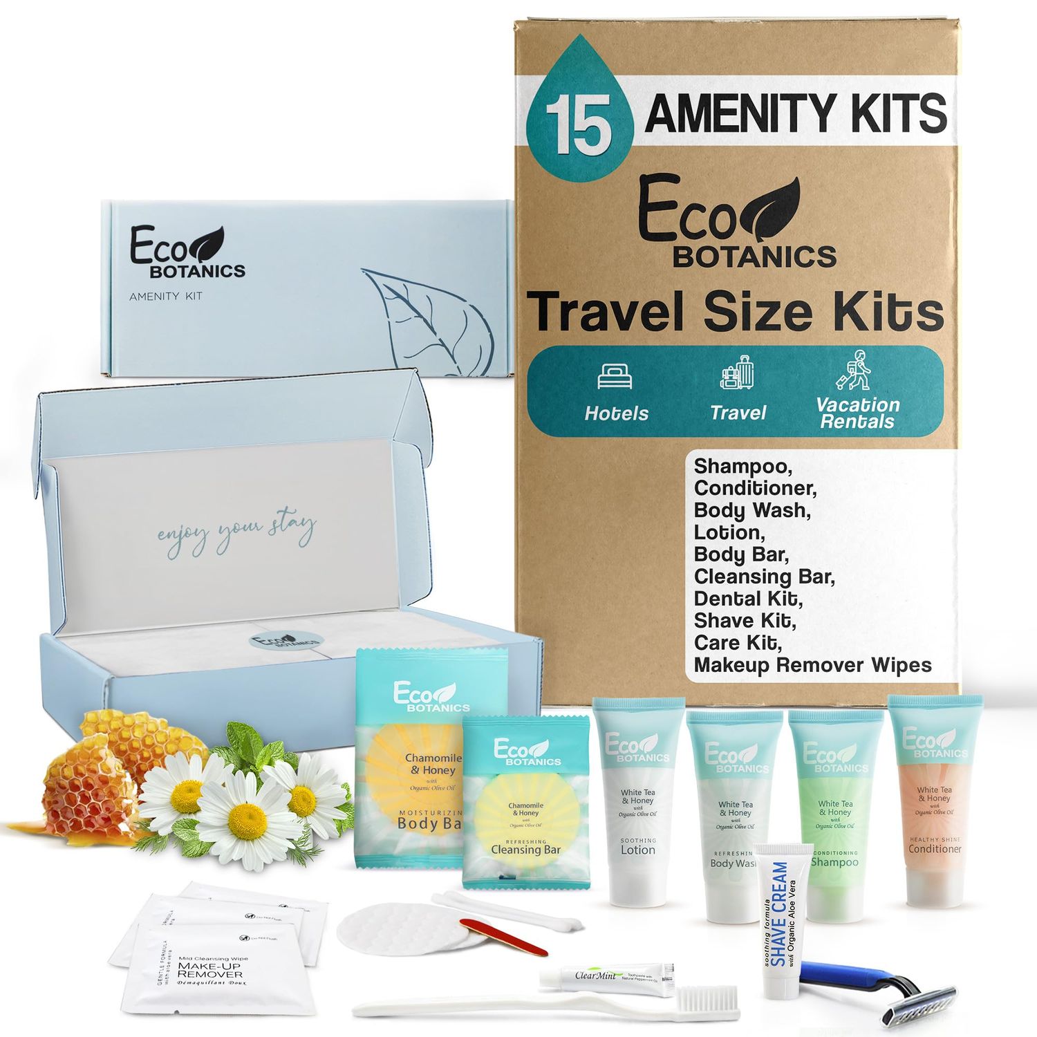 Eco Botanics Amenity &amp; Accessory Kit | 0.85 oz Travel Size Shampoo, Conditioner, Lotion, Body Wash, Body Bar, Cleansing Bar, Shave &amp; Dental Sets, Make-Up Remover Wipes, &amp; Vanity Kit | 15 sets per case
