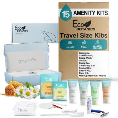 Eco Botanics Amenity &amp; Accessory Kit | 0.85 oz Travel Size Shampoo, Conditioner, Lotion, Body Wash, Body Bar, Cleansing Bar, Shave &amp; Dental Sets, Make-Up Remover Wipes, &amp; Vanity Kit | 15 sets per case