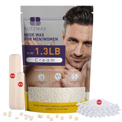 BLITZWAX 1.3lb Hard Wax Bead Kit for Men and Women Hair Removal Cream Scent Wax Beans for Nose/Sensitive Skin/Brazilian/Body/Face, Wax Pearls Bulk with 50pcs wax sticks for Beginners and At-Home Use