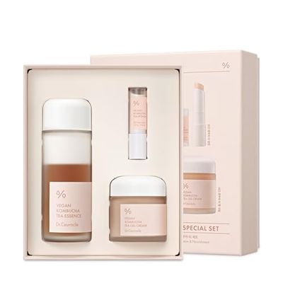 Dr.Ceuracle by leegeehaam Vegan Kombucha Tea Special Set - Korean Hydrating and Nourishing Skincare Gift Set included Essence, Gel Cream, Lip Balm