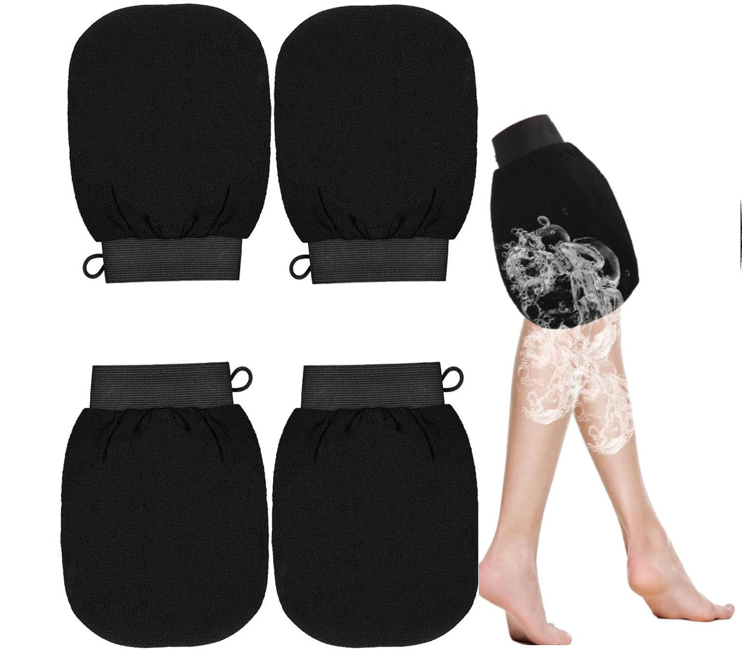 Aetomtins Exfoliating Gloves Korean Exfoliating Mitts Remove Tan Exfoliating Scrubber for Body Visibly Lift Away Dead Skin Exfoliator Scrubber for Women Bath Shower Spa (4pcs Black)