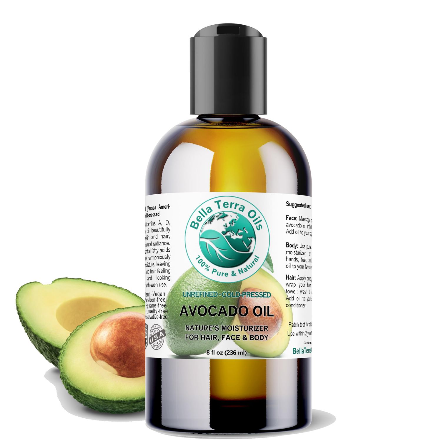 Bella Terra Oils - Avocado Oil 8 oz - Cold-Pressed Excellence, Brimming with Oleic Acid &amp; B-Vitamins, Ideal Complement for Skin Care Regimens