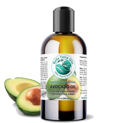 Bella Terra Oils - Avocado Oil 8 oz - Cold-Pressed Excellence, Brimming with Oleic Acid &amp; B-Vitamins, Ideal Complement for Skin Care Regimens