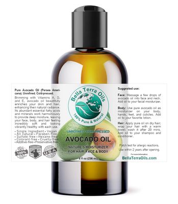 Bella Terra Oils - Avocado Oil 8 oz - Cold-Pressed Excellence, Brimming with Oleic Acid &amp; B-Vitamins, Ideal Complement for Skin Care Regimens
