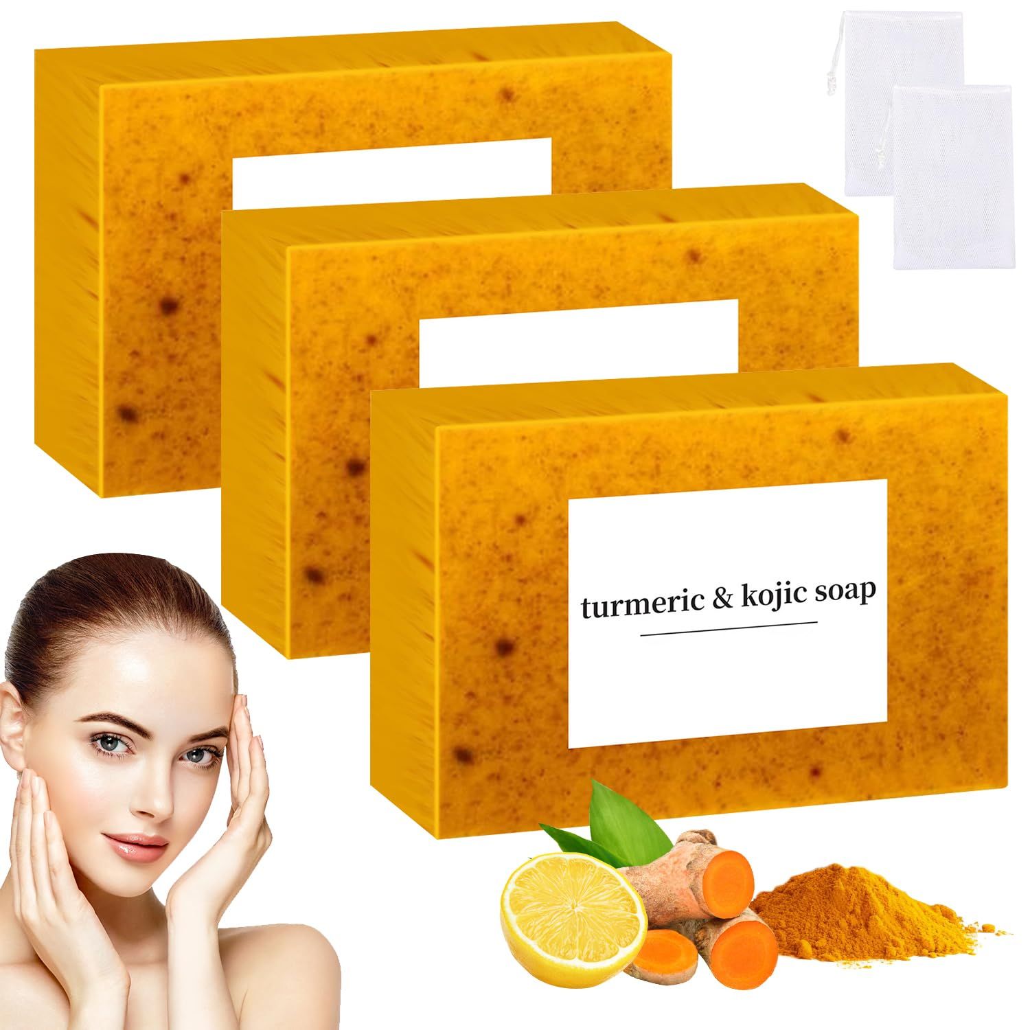 COLOTTE Lemon Turmeric Kojic Soap,Natural Handmade Soap,Turmeric Soap Bar for Face and Body, Smooth Skin Tumeric Soap,Deep Cleansing Soap for Men &amp; Women (3 PCS)