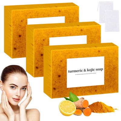 COLOTTE Lemon Turmeric Kojic Soap,Natural Handmade Soap,Turmeric Soap Bar for Face and Body, Smooth Skin Tumeric Soap,Deep Cleansing Soap for Men &amp; Women (3 PCS)