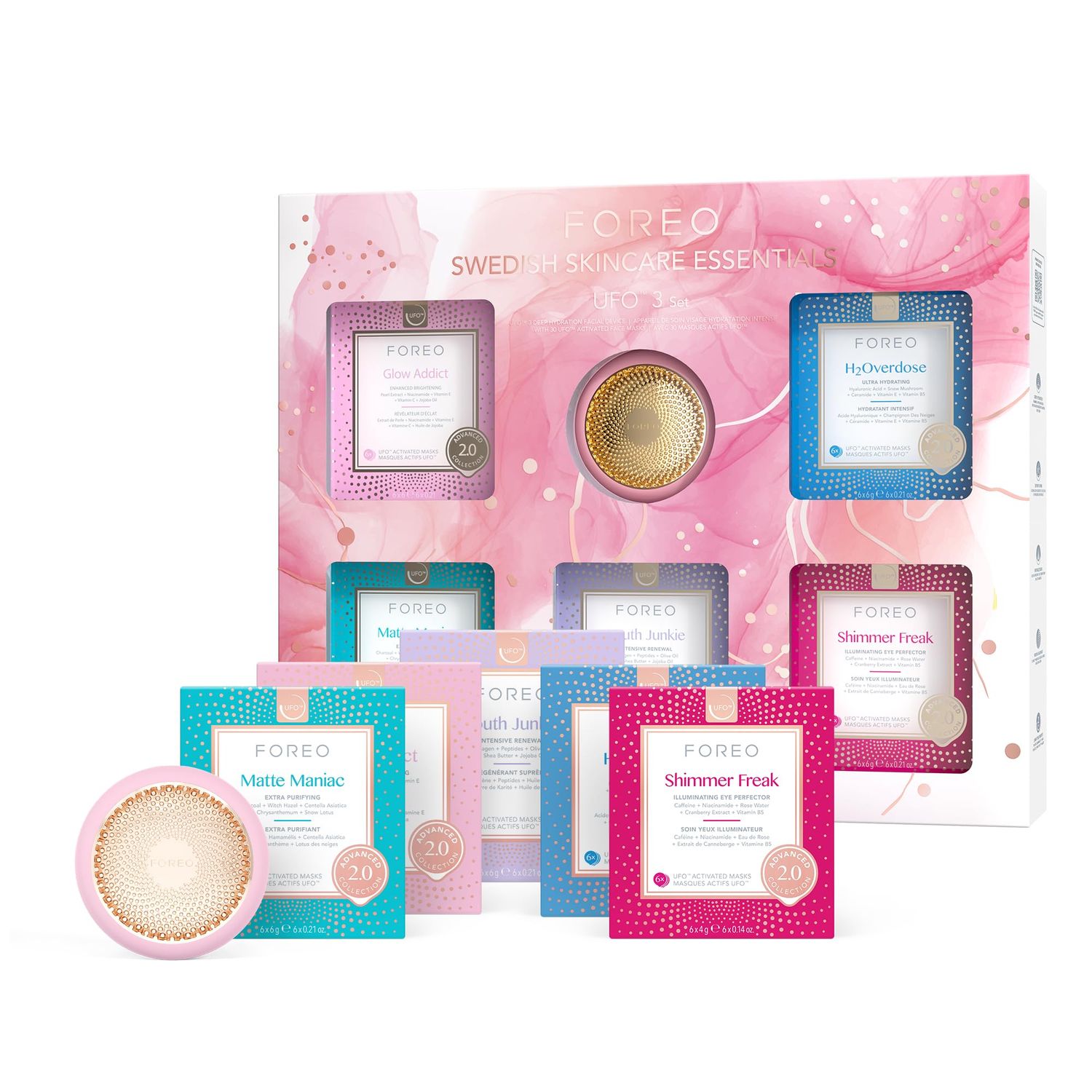 FOREO UFO 3 Set -5-in-1 Full-spectrum Facial Mask Device - Face Moisturizer Set - Warming, Cooling - 30 Anti Aging Hydrating Face Masks Beauty (5 x 6) - Skin Care &amp; Face Care Set