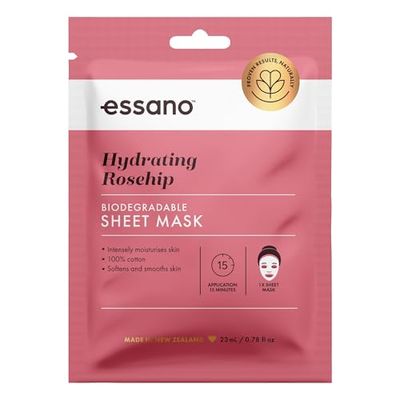 Essano Rosehip Oil Face Mask Skin Care, 100% Cotton Hydrating Sheet Mask with Cold Pressed Rosehip Oil, Overnight or Anytime, For Moisturizing, Rehydrating &amp; Reviving Radiance, Cruelty Free, 1 Pack