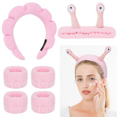 AMCAMI 6 PCS Sponge Spa and Wristband Set Skincare Headbands for Women Headband for Washing Face Puffy Makeup Headband Cute Makeup Headband Headbands for MakeupPink