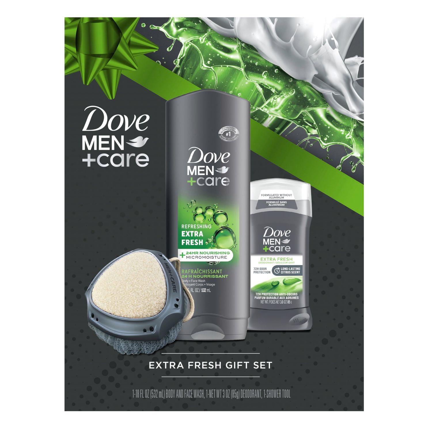 Dove Men+ Care Gift Set - Dove Face + Body Wash, Dove Antiperspirant, Refreshing Extra Fresh Scent, Dove Active Clean Dual-Sided Shower Tool, Christmas Gifts for Men (3 Piece Set)