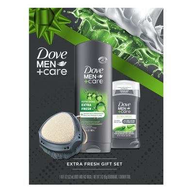 Dove Men+ Care Gift Set - Dove Face + Body Wash, Dove Antiperspirant, Refreshing Extra Fresh Scent, Dove Active Clean Dual-Sided Shower Tool, Christmas Gifts for Men (3 Piece Set)