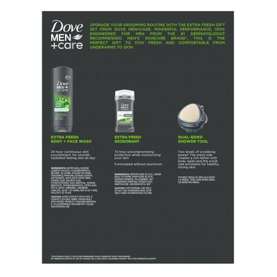 Dove Men+ Care Gift Set - Dove Face + Body Wash, Dove Antiperspirant, Refreshing Extra Fresh Scent, Dove Active Clean Dual-Sided Shower Tool, Christmas Gifts for Men (3 Piece Set)
