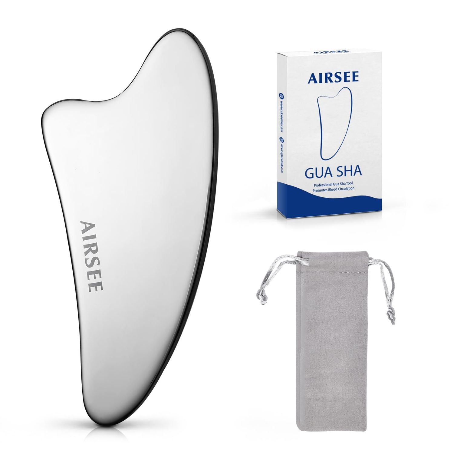 AIRSEE Gua Sha Facial Tools, Stainless Steel Gua Sha Board, Tighten Skin Massage, Beauty Tool for Body Eyes Neck Metal Massager with Travel Pouch Skin Care Gifts (Silver)