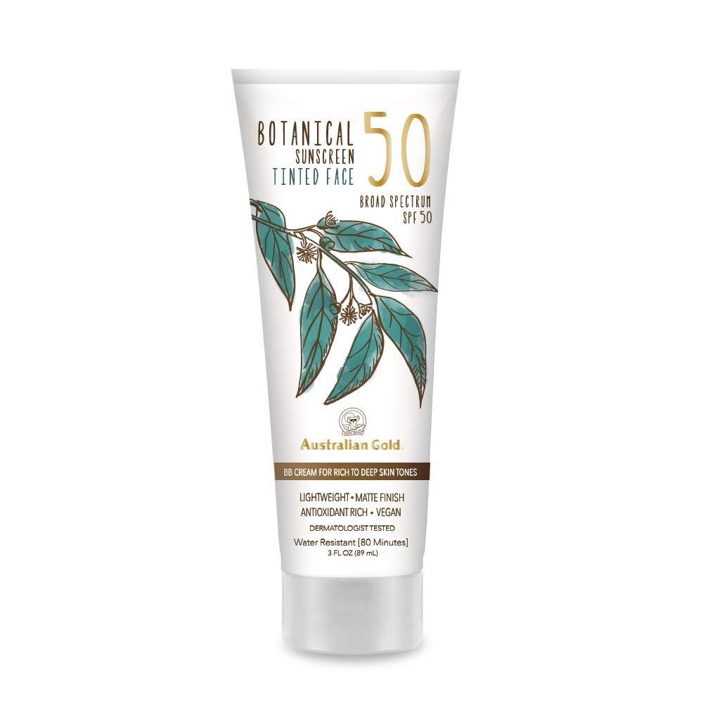 Australian Gold Botanical SPF 50 Tinted Sunscreen for Face, Non-Chemical BB Cream &amp; Mineral Sunscreen,Water-Resistant,Matte Finish,For Sensitive Facial Skin,Rich to Deep Skin Tones, 3 FL Oz, Rich-Deep