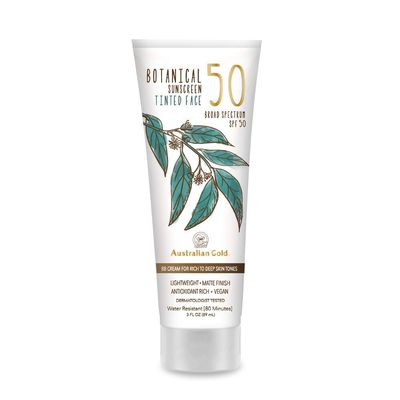Australian Gold Botanical SPF 50 Tinted Sunscreen for Face, Non-Chemical BB Cream &amp; Mineral Sunscreen,Water-Resistant,Matte Finish,For Sensitive Facial Skin,Rich to Deep Skin Tones, 3 FL Oz, Rich-Deep